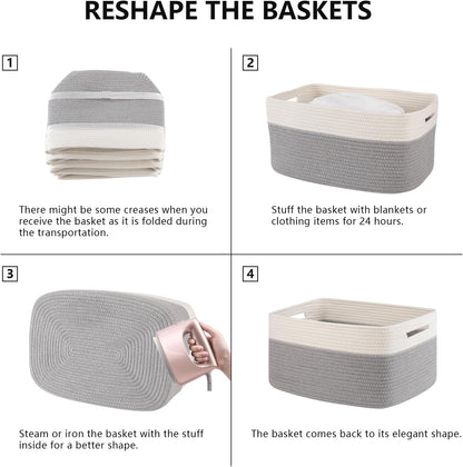 4 Pack Storage Baskets for Organizing, Woven Baskets for Shelves - Perfect for Toys, Books, Towels, and Clothes, Durable Gift Basket Bins Toy Storage, 12.7''Lx9''Wx7.8''H, Brown & White