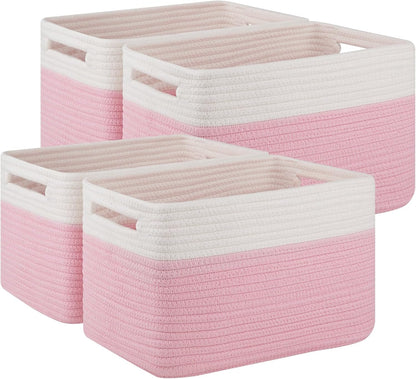 4 Pack Storage Baskets for Organizing, Woven Baskets for Shelves - Perfect for Toys, Books, Towels, and Clothes, Durable Gift Basket Bins Toy Storage, 12.7''Lx9''Wx7.8''H, Brown & White