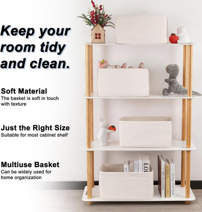 4 Pack Storage Baskets for Organizing, Woven Baskets for Shelves - Perfect for Toys, Books, Towels, and Clothes, Durable Gift Basket Bins Toy Storage, 12.7''Lx9''Wx7.8''H, Brown & White