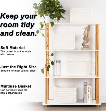 4 Pack Storage Baskets for Organizing, Woven Baskets for Shelves - Perfect for Toys, Books, Towels, and Clothes, Durable Gift Basket Bins Toy Storage, 12.7''Lx9''Wx7.8''H, Brown & White
