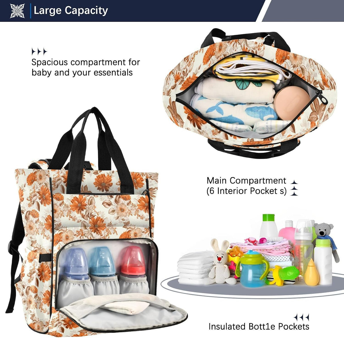 Diaper Bag Backpack, Multifunction Travel Bag for Moms Dads, Baby Changing Bag with Insulted Pockets, Stroller Straps and Side Bottle Pockets Autumn Blush Floral Pattern