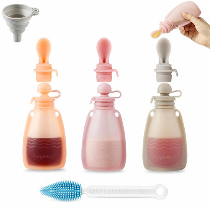3 Pack Reusable Silicone Baby Food Pouches Pouches for Toddler Kids with 3 Silicone Puree Feeder Spoon BPA-Free Silicone Refillable Baby Food Storage 5.5oz(Dark Pink/Light Pink/Linen)
