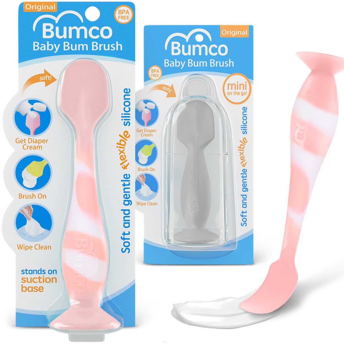 Baby Bum Brush + Mini Baby Diaper Cream Spatula with Case - BPA-Free Silicone Diaper Spatula with Suction Cup, Wipe-Clean, Mom-Invented Butt Paste Applicator (Pink Swirl & Gray)