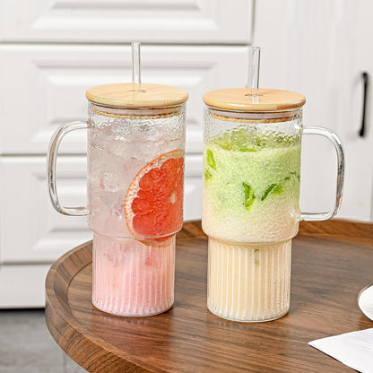 20 oz Glass Cups with Lids and Straws, Lightweight Borosilicate Glass Tumblers Iced Coffee Cup with Glass Lid and Glass Straw, Wide Mouth Smoothie Cup for Matcha, Juice, Tea and Water