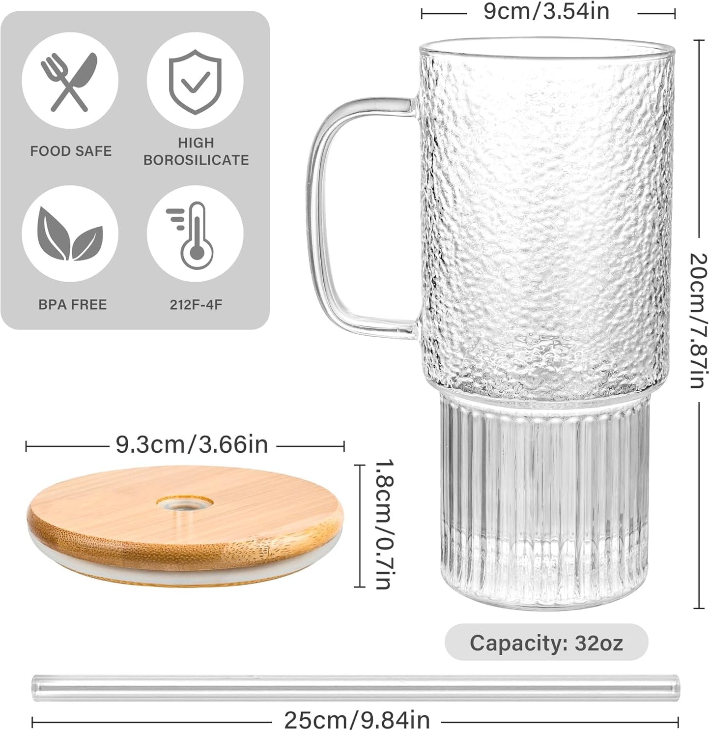 20 oz Glass Cups with Lids and Straws, Lightweight Borosilicate Glass Tumblers Iced Coffee Cup with Glass Lid and Glass Straw, Wide Mouth Smoothie Cup for Matcha, Juice, Tea and Water