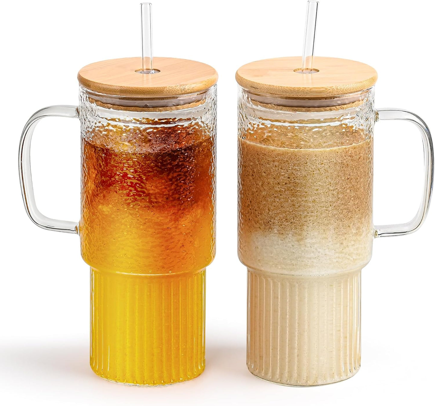 20 oz Glass Cups with Lids and Straws, Lightweight Borosilicate Glass Tumblers Iced Coffee Cup with Glass Lid and Glass Straw, Wide Mouth Smoothie Cup for Matcha, Juice, Tea and Water