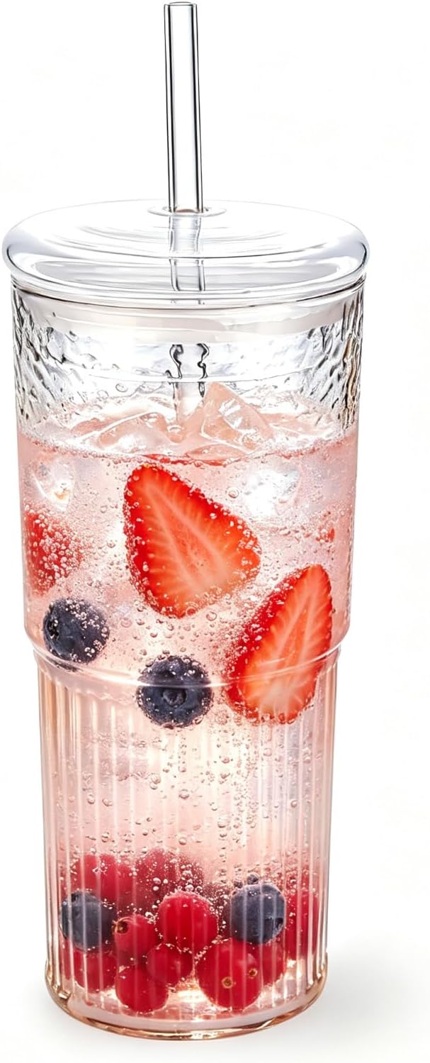 20 oz Glass Cups with Lids and Straws, Lightweight Borosilicate Glass Tumblers Iced Coffee Cup with Glass Lid and Glass Straw, Wide Mouth Smoothie Cup for Matcha, Juice, Tea and Water