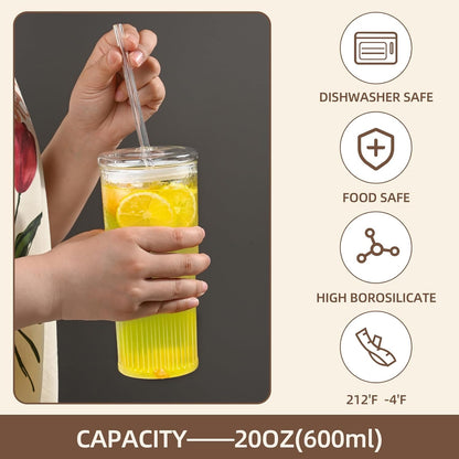 20 oz Glass Cups with Lids and Straws, Lightweight Borosilicate Glass Tumblers Iced Coffee Cup with Glass Lid and Glass Straw, Wide Mouth Smoothie Cup for Matcha, Juice, Tea and Water