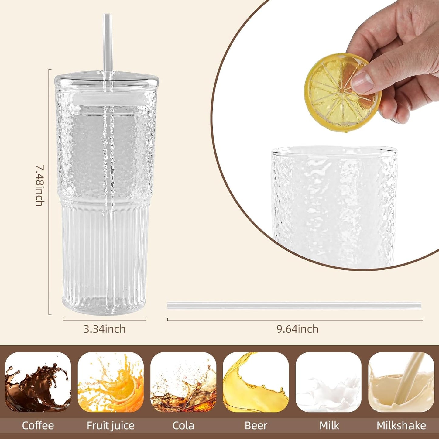20 oz Glass Cups with Lids and Straws, Lightweight Borosilicate Glass Tumblers Iced Coffee Cup with Glass Lid and Glass Straw, Wide Mouth Smoothie Cup for Matcha, Juice, Tea and Water