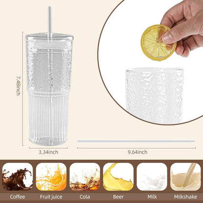 20 oz Glass Cups with Lids and Straws, Lightweight Borosilicate Glass Tumblers Iced Coffee Cup with Glass Lid and Glass Straw, Wide Mouth Smoothie Cup for Matcha, Juice, Tea and Water
