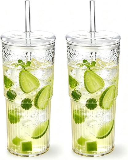 20 oz Glass Cups with Lids and Straws, Lightweight Borosilicate Glass Tumblers Iced Coffee Cup with Glass Lid and Glass Straw, Wide Mouth Smoothie Cup for Matcha, Juice, Tea and Water