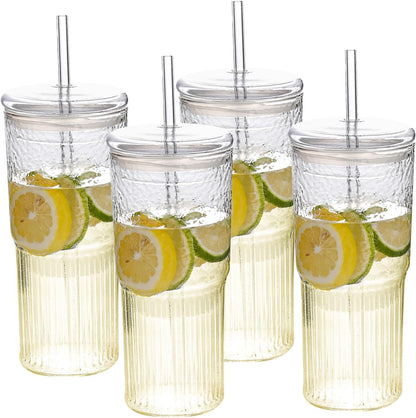 20 oz Glass Cups with Lids and Straws, Lightweight Borosilicate Glass Tumblers Iced Coffee Cup with Glass Lid and Glass Straw, Wide Mouth Smoothie Cup for Matcha, Juice, Tea and Water