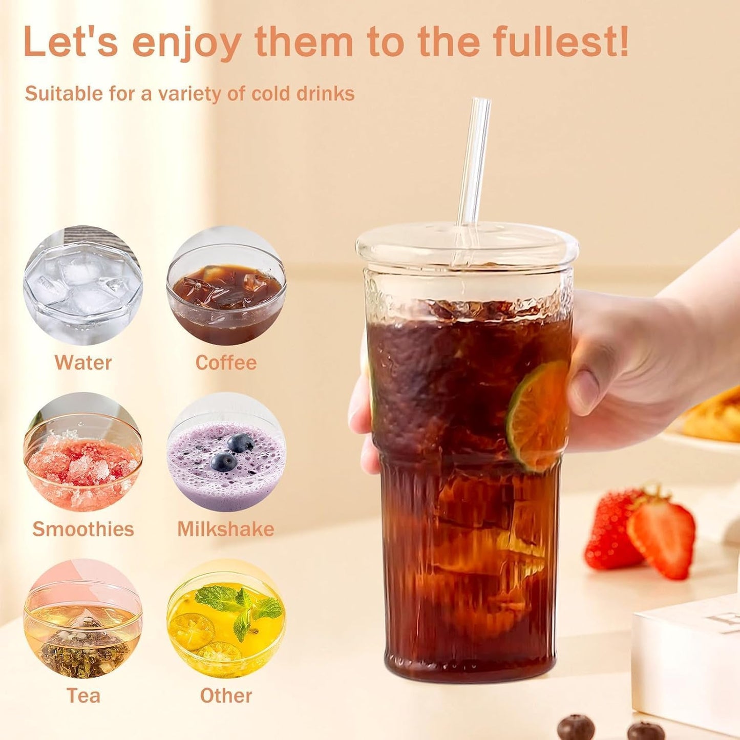 20 oz Glass Cups with Lids and Straws, Lightweight Borosilicate Glass Tumblers Iced Coffee Cup with Glass Lid and Glass Straw, Wide Mouth Smoothie Cup for Matcha, Juice, Tea and Water