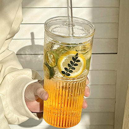 20 oz Glass Cups with Lids and Straws, Lightweight Borosilicate Glass Tumblers Iced Coffee Cup with Glass Lid and Glass Straw, Wide Mouth Smoothie Cup for Matcha, Juice, Tea and Water