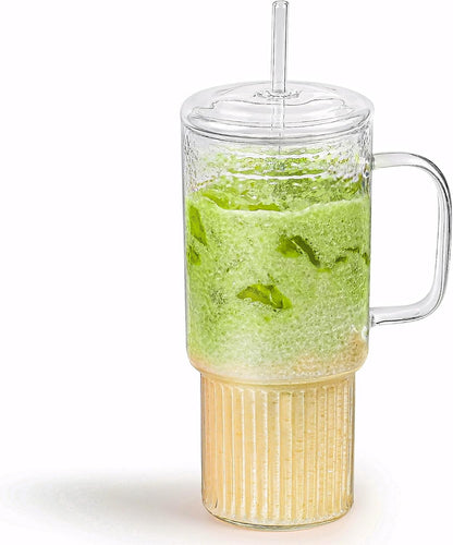 20 oz Glass Cups with Lids and Straws, Lightweight Borosilicate Glass Tumblers Iced Coffee Cup with Glass Lid and Glass Straw, Wide Mouth Smoothie Cup for Matcha, Juice, Tea and Water