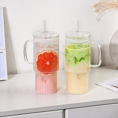 20 oz Glass Cups with Lids and Straws, Lightweight Borosilicate Glass Tumblers Iced Coffee Cup with Glass Lid and Glass Straw, Wide Mouth Smoothie Cup for Matcha, Juice, Tea and Water