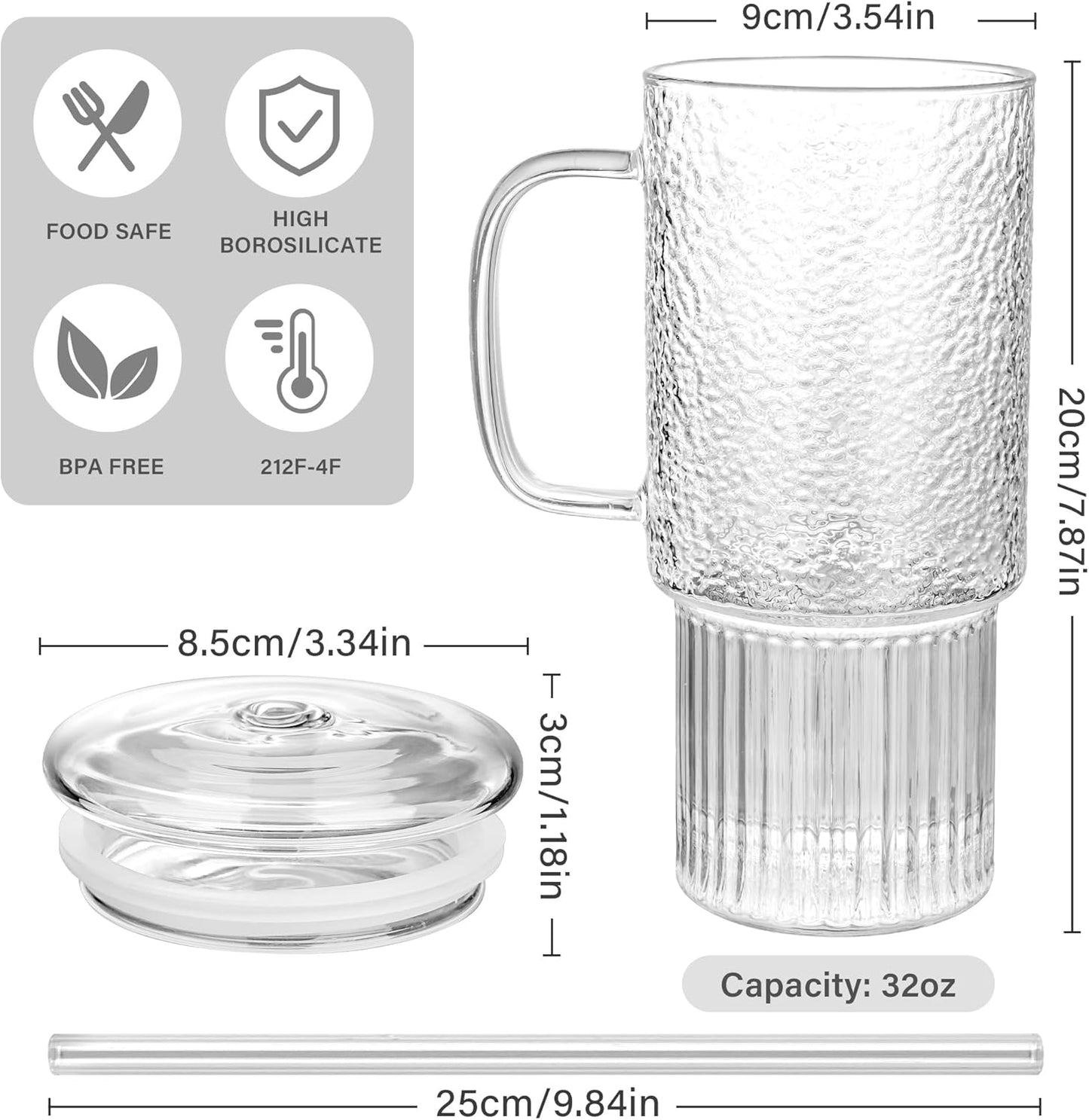 20 oz Glass Cups with Lids and Straws, Lightweight Borosilicate Glass Tumblers Iced Coffee Cup with Glass Lid and Glass Straw, Wide Mouth Smoothie Cup for Matcha, Juice, Tea and Water