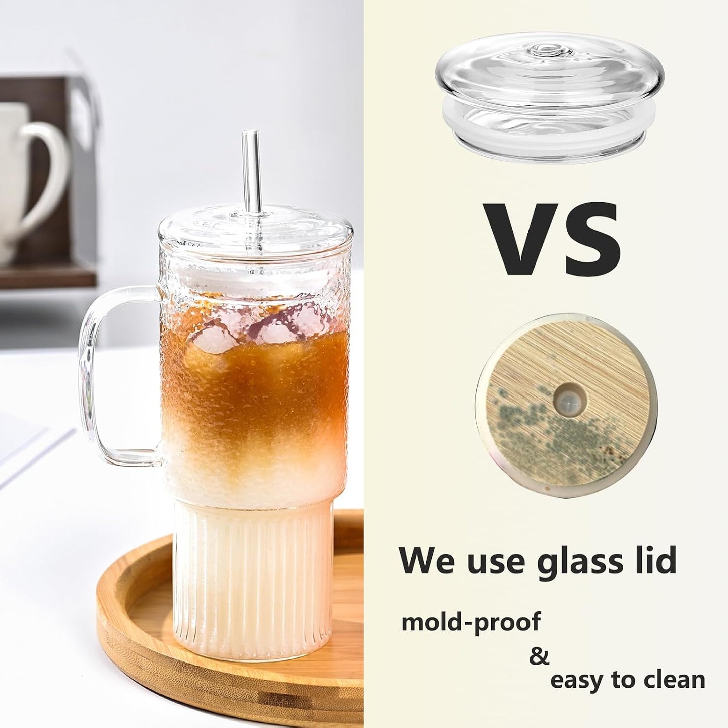 20 oz Glass Cups with Lids and Straws, Lightweight Borosilicate Glass Tumblers Iced Coffee Cup with Glass Lid and Glass Straw, Wide Mouth Smoothie Cup for Matcha, Juice, Tea and Water