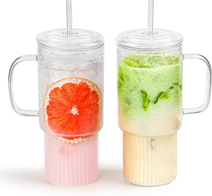 20 oz Glass Cups with Lids and Straws, Lightweight Borosilicate Glass Tumblers Iced Coffee Cup with Glass Lid and Glass Straw, Wide Mouth Smoothie Cup for Matcha, Juice, Tea and Water