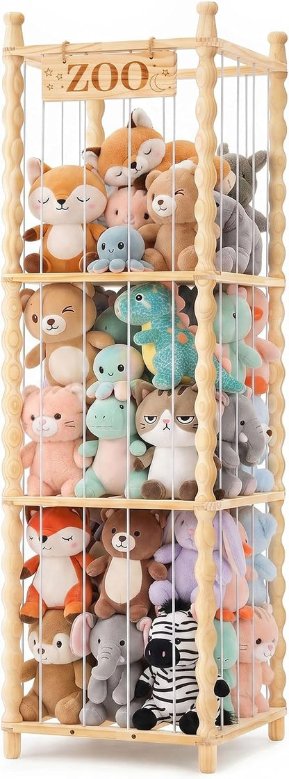 Stuffed Animal Storage Organizer, Wood Animals Zoo Toy Plushies Storage Holder with Cute Wave Design, Large Capacity Plush Toy Cage for Kids Room, Nursery & Playroom Organization(54" Tall)