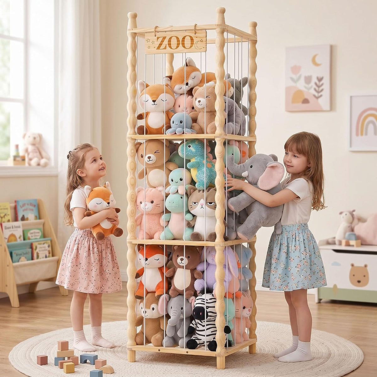 Stuffed Animal Storage Organizer, Wood Animals Zoo Toy Plushies Storage Holder with Cute Wave Design, Large Capacity Plush Toy Cage for Kids Room, Nursery & Playroom Organization(54" Tall)