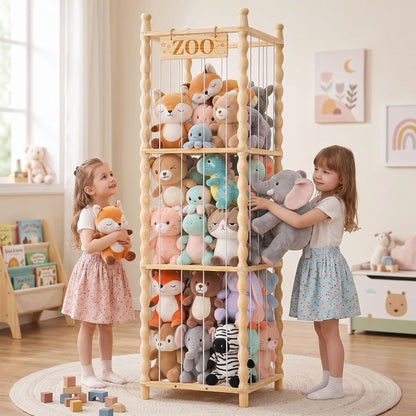 Stuffed Animal Storage Organizer, Wood Animals Zoo Toy Plushies Storage Holder with Cute Wave Design, Large Capacity Plush Toy Cage for Kids Room, Nursery & Playroom Organization(54" Tall)