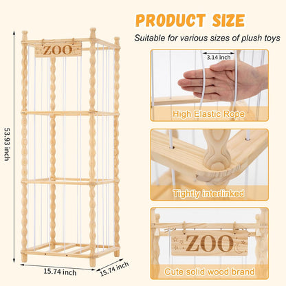 Stuffed Animal Storage Organizer, Wood Animals Zoo Toy Plushies Storage Holder with Cute Wave Design, Large Capacity Plush Toy Cage for Kids Room, Nursery & Playroom Organization(54" Tall)