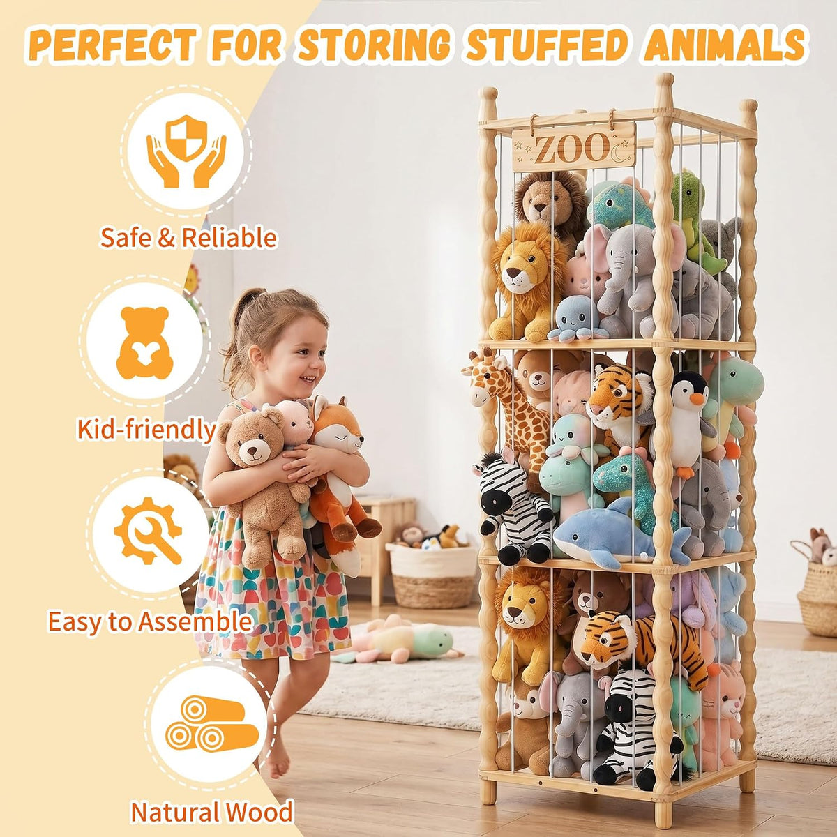 Stuffed Animal Storage Organizer, Wood Animals Zoo Toy Plushies Storage Holder with Cute Wave Design, Large Capacity Plush Toy Cage for Kids Room, Nursery & Playroom Organization(54" Tall)