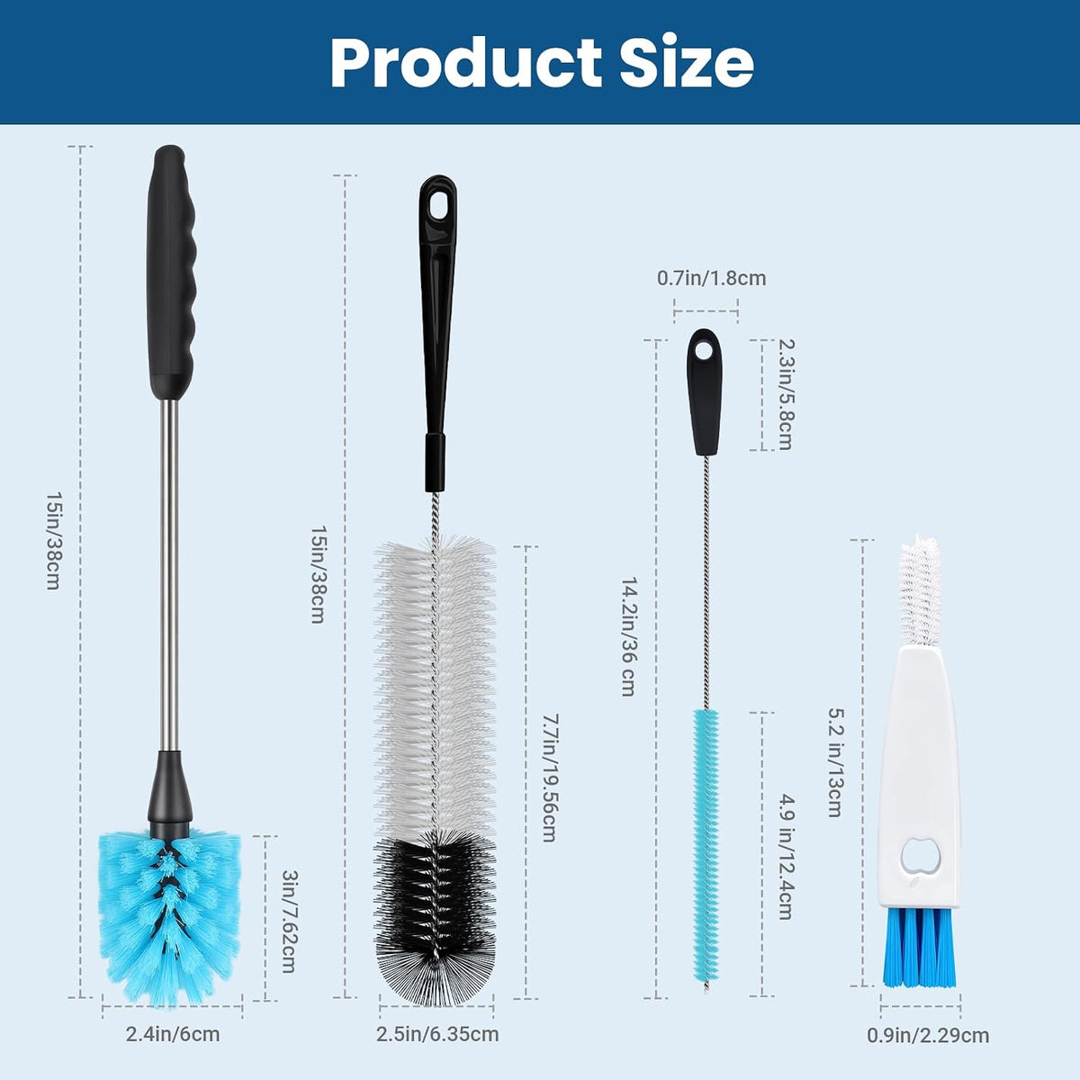 Bottle Brush Set,15-inch Long Bottle Brush, Kitchen Brush Set with Straw Cleaner and Cup Lid Cleaning Brush. Bottle Brushes Suitable for Water Bottles, Cups, Glasses, Baby Bottles (4, Blue)
