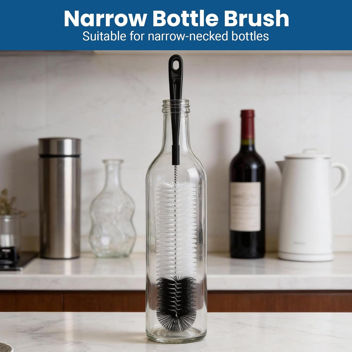 Bottle Brush Set,15-inch Long Bottle Brush, Kitchen Brush Set with Straw Cleaner and Cup Lid Cleaning Brush. Bottle Brushes Suitable for Water Bottles, Cups, Glasses, Baby Bottles (4, Blue)