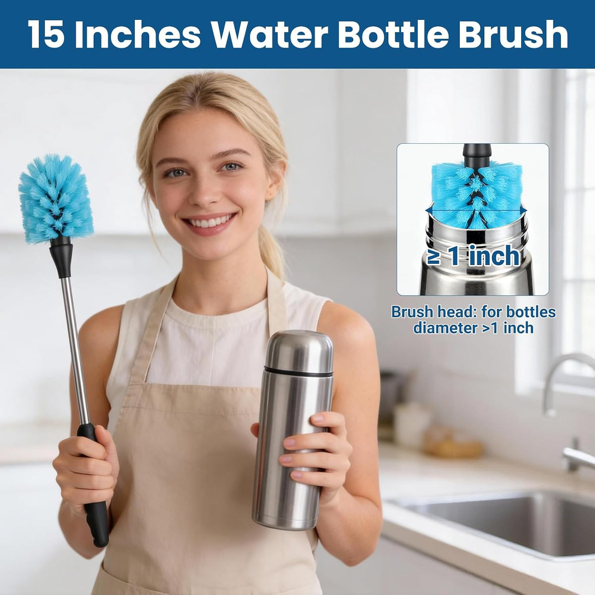 Bottle Brush Set,15-inch Long Bottle Brush, Kitchen Brush Set with Straw Cleaner and Cup Lid Cleaning Brush. Bottle Brushes Suitable for Water Bottles, Cups, Glasses, Baby Bottles (4, Blue)
