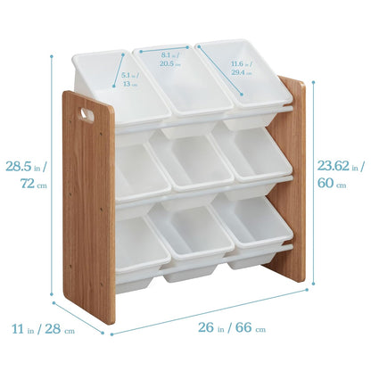 3-Tier Organizer with 9 Removable Plastic Bins, 3x3, Toy Storage, Grey/White