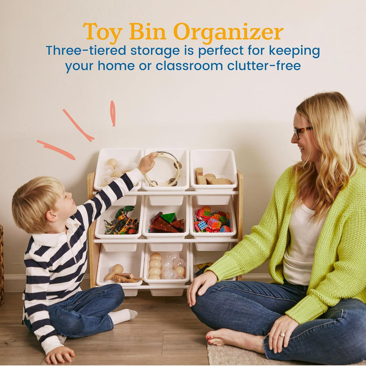 3-Tier Organizer with 9 Removable Plastic Bins, 3x3, Toy Storage, Grey/White