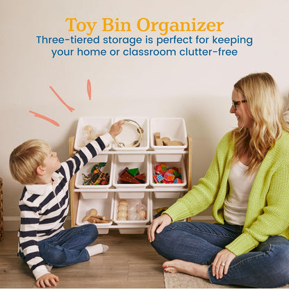 3-Tier Organizer with 9 Removable Plastic Bins, 3x3, Toy Storage, Grey/White