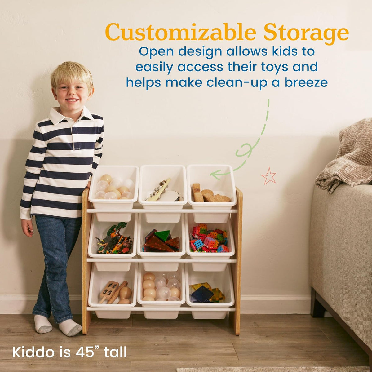 3-Tier Organizer with 9 Removable Plastic Bins, 3x3, Toy Storage, Grey/White