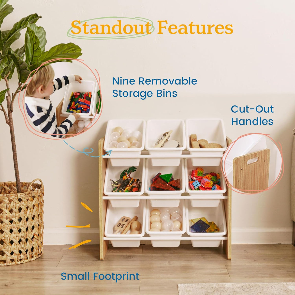 3-Tier Organizer with 9 Removable Plastic Bins, 3x3, Toy Storage, Grey/White