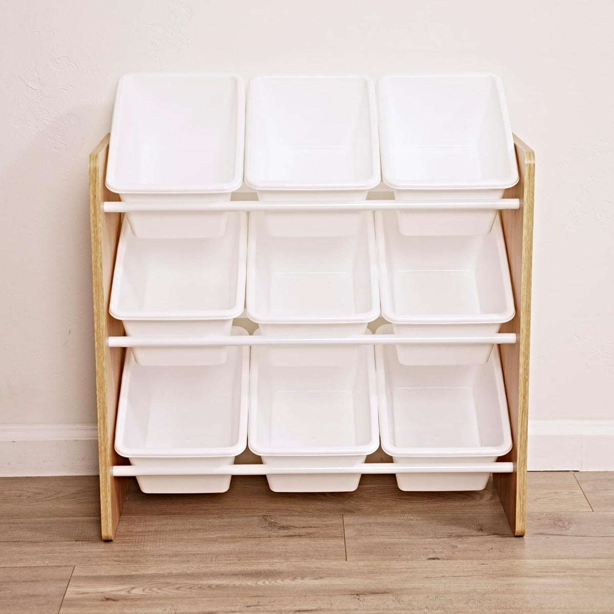 3-Tier Organizer with 9 Removable Plastic Bins, 3x3, Toy Storage, Grey/White