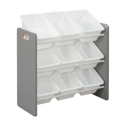 3-Tier Organizer with 9 Removable Plastic Bins, 3x3, Toy Storage, Grey/White