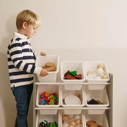 3-Tier Organizer with 9 Removable Plastic Bins, 3x3, Toy Storage, Grey/White
