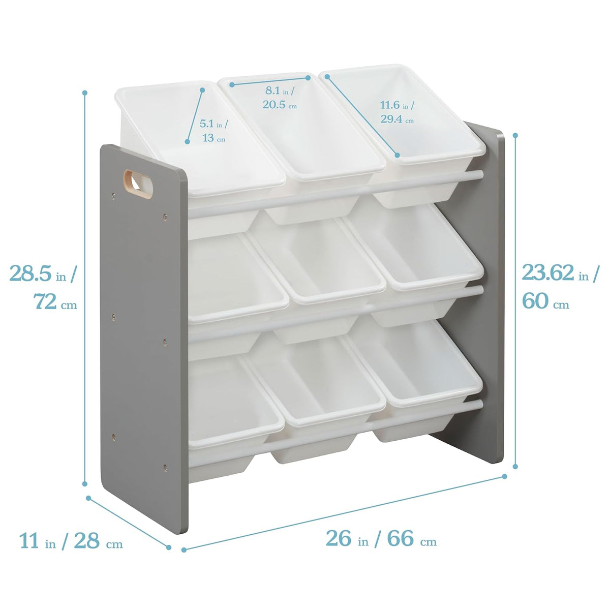 3-Tier Organizer with 9 Removable Plastic Bins, 3x3, Toy Storage, Grey/White