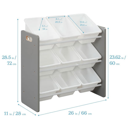 3-Tier Organizer with 9 Removable Plastic Bins, 3x3, Toy Storage, Grey/White