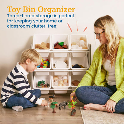 3-Tier Organizer with 9 Removable Plastic Bins, 3x3, Toy Storage, Grey/White