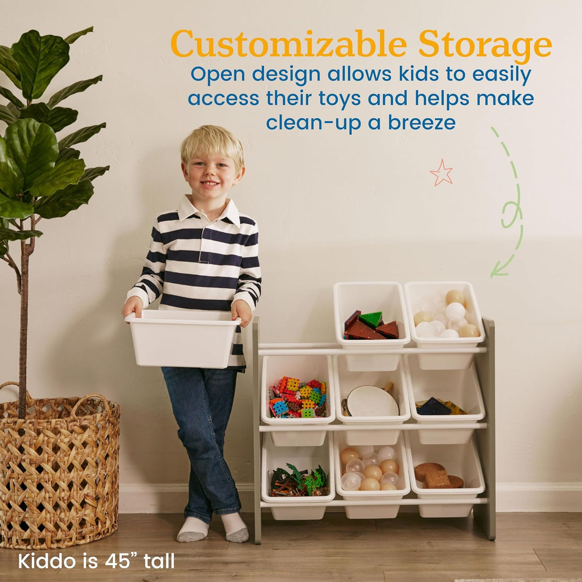 3-Tier Organizer with 9 Removable Plastic Bins, 3x3, Toy Storage, Grey/White