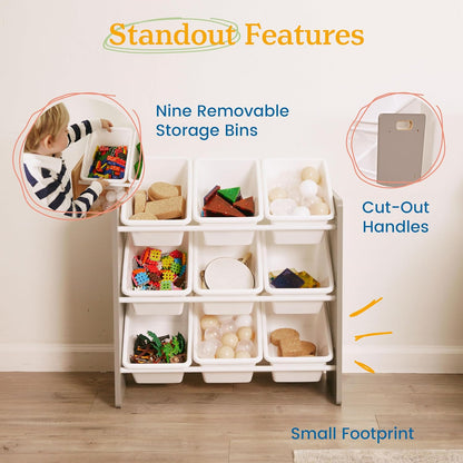 3-Tier Organizer with 9 Removable Plastic Bins, 3x3, Toy Storage, Grey/White