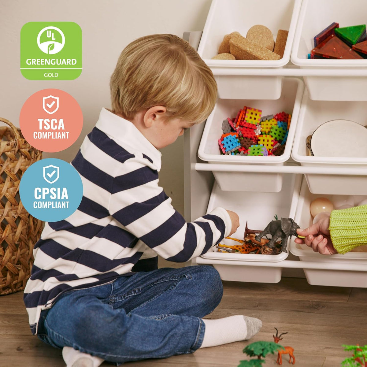 3-Tier Organizer with 9 Removable Plastic Bins, 3x3, Toy Storage, Grey/White