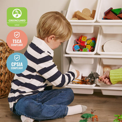 3-Tier Organizer with 9 Removable Plastic Bins, 3x3, Toy Storage, Grey/White