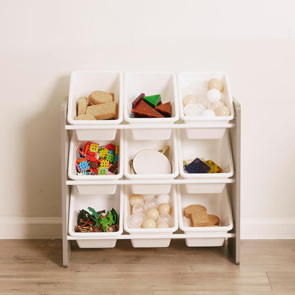 3-Tier Organizer with 9 Removable Plastic Bins, 3x3, Toy Storage, Grey/White