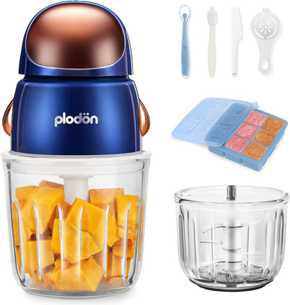 Baby Food Maker Mini Cute and Small Food Processor Puree Blender Grinder Chopper with 2 Glass Bowls(0.6L+0.3L) 8 Blades Electric (Without Battery) -2 Bowls