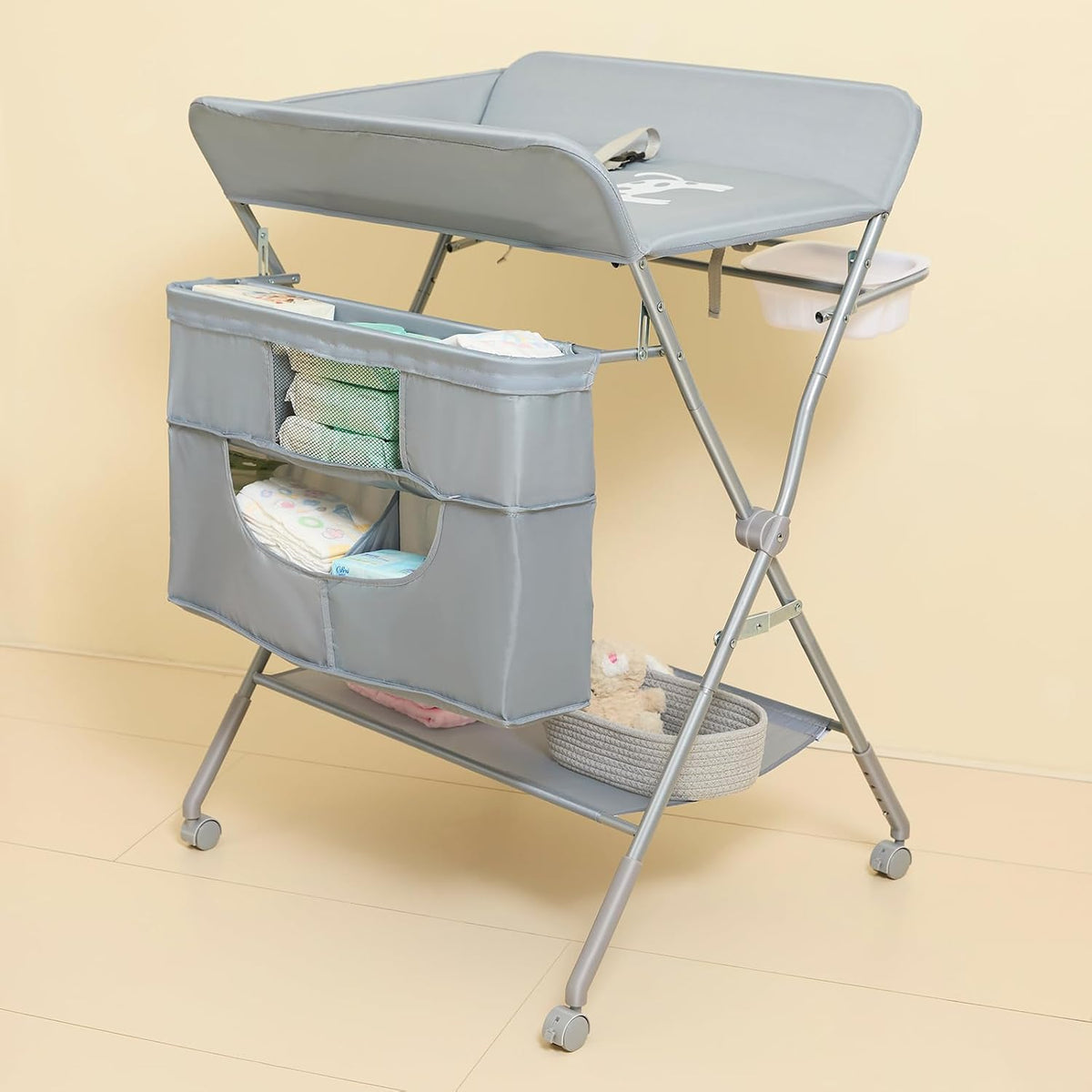 Foldable Baby Changing Table with Wheels, Portable Diaper Changing Station with Large Storage Bag & 4-Level Adjustable Height for Newborn, Infant