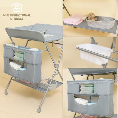 Foldable Baby Changing Table with Wheels, Portable Diaper Changing Station with Large Storage Bag & 4-Level Adjustable Height for Newborn, Infant